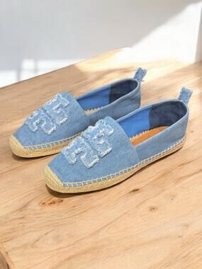 Tory Burch Double T Denim Espadrille Flat Size 7M